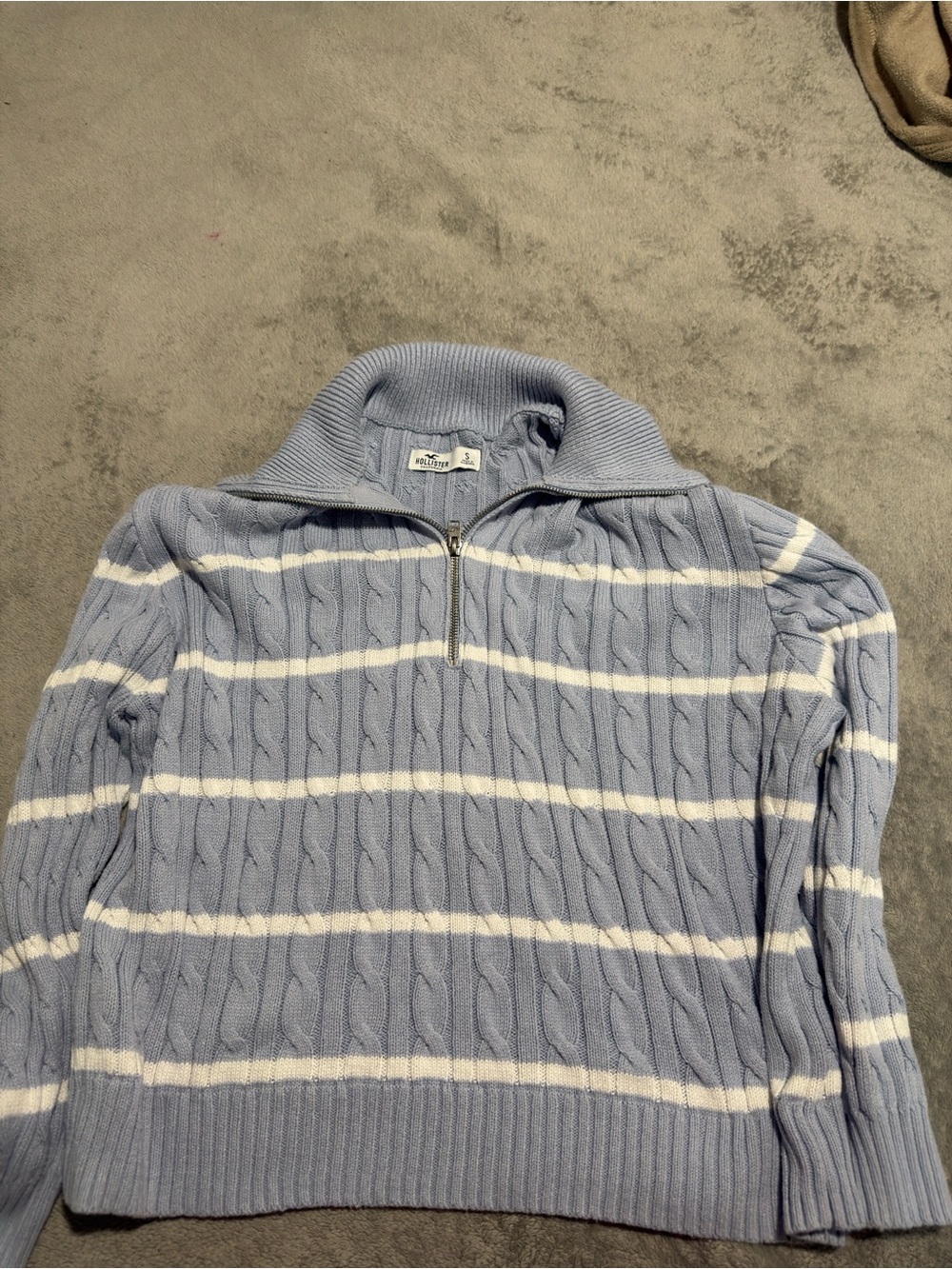 Hollister Light Blue and White Cable-Knit Quarter-Zip Sweater